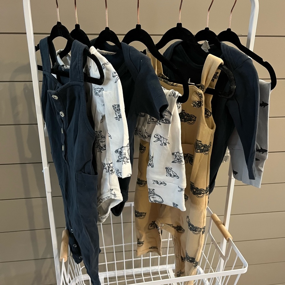 Kate Quinn organic cotton bundle 6-12 , slate blue pitbulls, vintage motorcycles